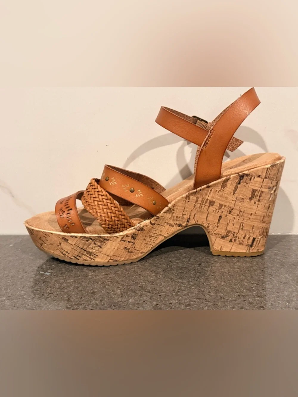 Jelly Pop Memory Foam Woven Tan Cork Wedge Sandals with Buckle Strap - Picture 7 of 11